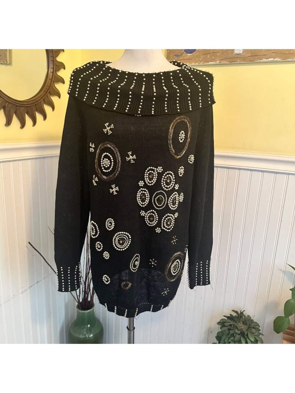 Victoria Harbour Black Beaded & Embellished Sweater With Gold Accents Size M